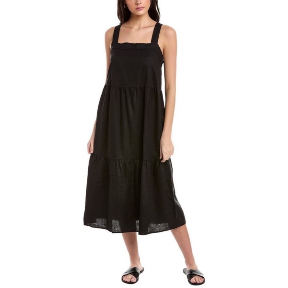 Eileen Fisher Black Linen Sleeveless Tiered Midi Dress